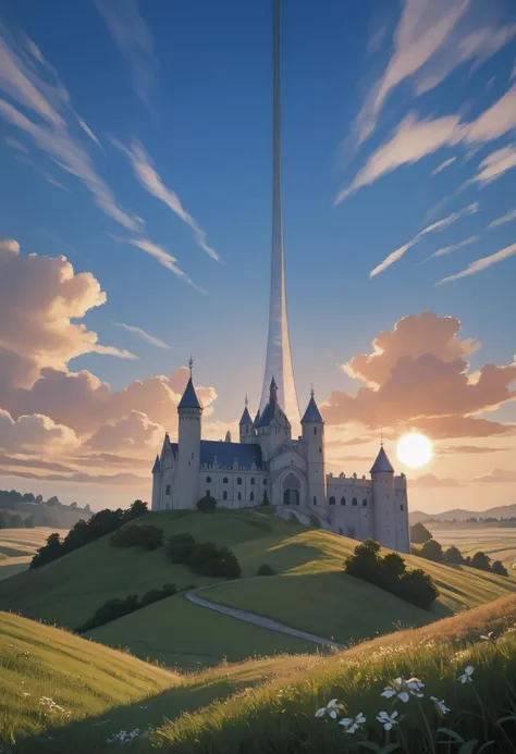 score_9, score_8_up, score_7_up, source_anime BREAK  <lora:haloring-halo-richy-v1_pdxl:1> hlrng, horizon, field, sun, blue sky, castle, fantasy, medieval, mansion