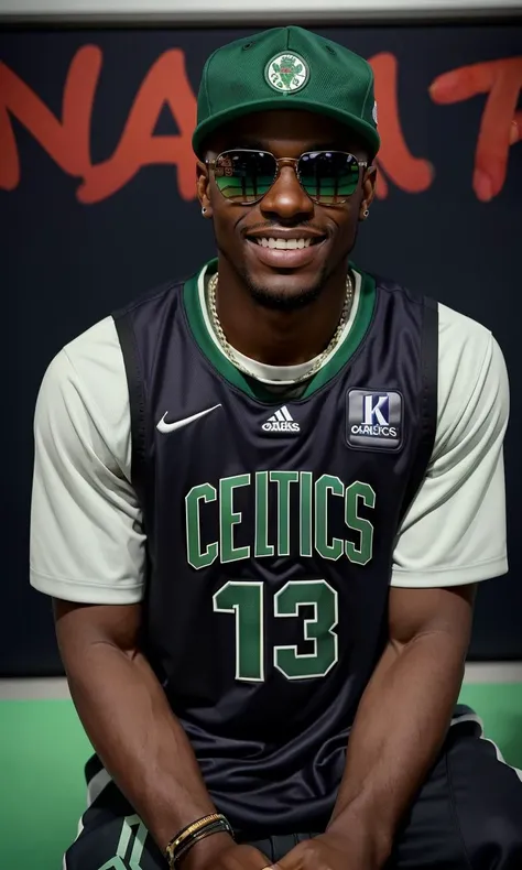 celtnba2024, 1man, dark skin, rapper, hip hop, 8k, uhd, masterpiece, detailed skin, skin pores, intricate, depth of field, raw image, 5 fingers, best quality, smile, looking at viewer, Boston Celtics jersey, in alllet, beautiful grafitti, cap, sunglasses,