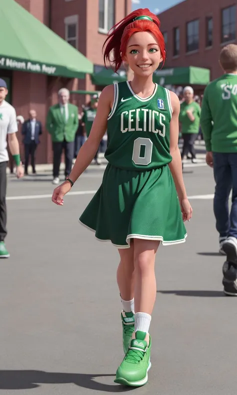 celtnba2024, 1girl, red hair, 8k, uhd, masterpiece, detailed skin, skin pores, intricate, depth of field, best quality, smile, looking at viewer, hazel eyes, Boston Celtics jersey, at saint Patricks day parade, green confetti, walking, cool sneakers, skirt...