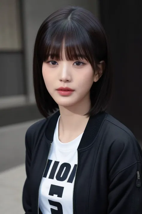 wony1 1girl, solo, (realistic), (hyperrealism), (best quality), (masterpiece), (ultra high res), (ultradetailed), (photorealistic), (upper body:1.2), bangs, looking at the viewer, black jacket, at the studio, light eye makeup, detailed eyes, detailed face,...