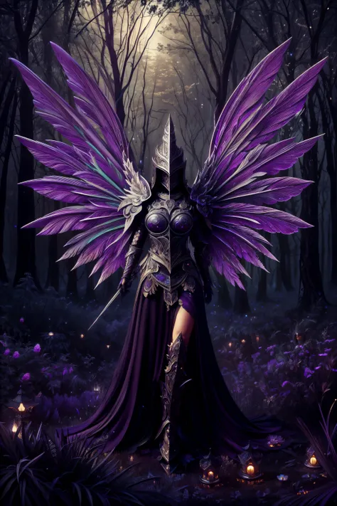 style-sylvamagic, medium shot, photo of a woman standing (in a (eerie) forest at night:1.2), DonMF41ryW1ng5, darkness, no light, (glowing purple eyes:1.3), (ornamented armor pieces, horned helmet, shoulder armor), tattoos BREAK (disheveled Dark Brown hair)...