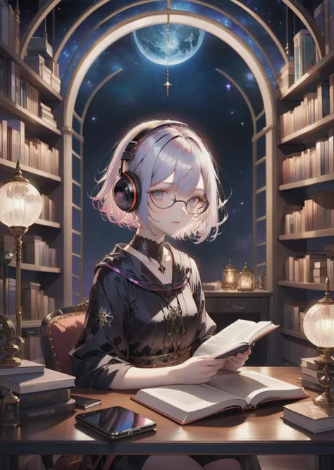 1 girl, short hair, headphone glasses
reading , desk, room
bookshelves
gadgets
sci-fi
fantasy
night, dim light
shadow
gradient
anime
mange-comic
SimplepositiveXLv1
(by Kay Nielsen)
