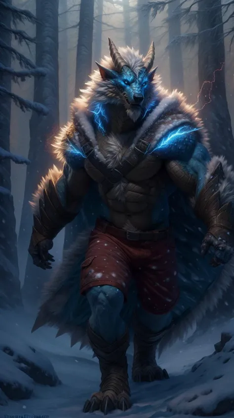 by_taran_fiddler, anthro zinogre walking in snow, fanged wyvern, magic sparks, red shorts, white fluffy cloak, blue body, horn, blue eyes, HDR, (dynamic pose), (dark winter forest:1.3) with rays of light, fog, forest in the background, portrait <lora:Zinog...