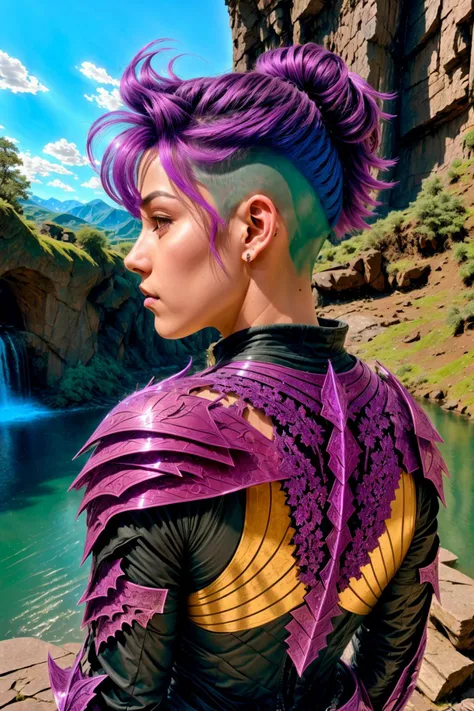 <lora:NeWHaDeSaRMoR_v2-000003:1> chndsrmr, beautiful non-binary in Dark Purple nhdsrmr, pixie bob pink hair, turned away but looking back over her shoulder, Majestic Waterfalls background