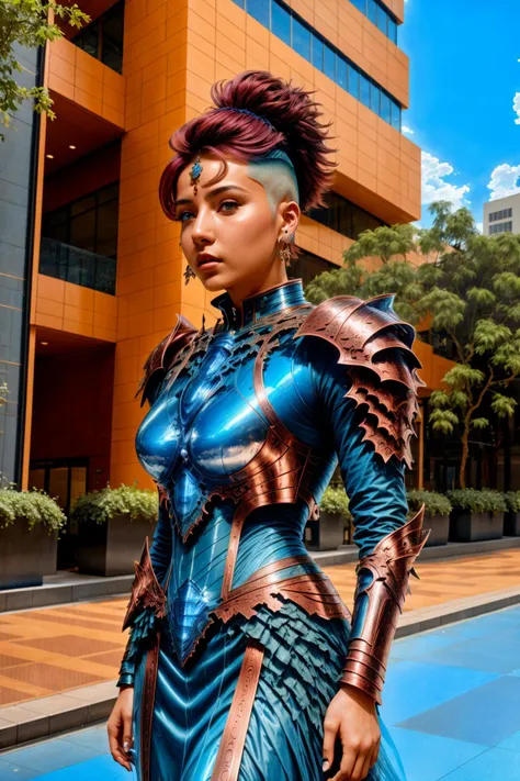 <lora:NeWHaDeSaRMoR_v2-000003:1> chndsrmr, beautiful female in Cloud Burst Blue nhdsrmr, buzz cut copper hair, crossing ankles, Vertical Gardens on Buildings background