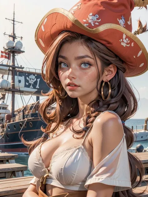 masterpiece, best quality,realistic, 1girl,on a ship deck, blue_eyes, braid, breasts, cleavage, gloves, hat,;arge_breasts, long_hair, looking_at_viewer, low-tied_long_hair, over_shoulder, pirate, pirate_hat, red_hair, solo,  <lora:EnvyBeautyMix23:1>