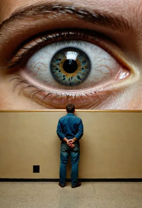 arafed man standing in front of a large picture of a blue eye