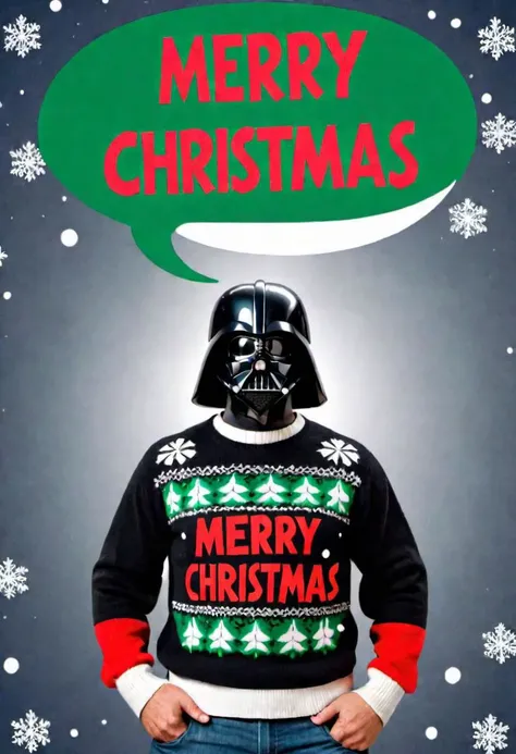 Photo of Darth Vader wearing a ugly Christmas sweater with a text bubble that says "Merry Christmas!" in matrix