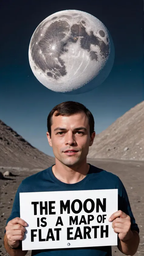 a man holding a sign with the moon above him