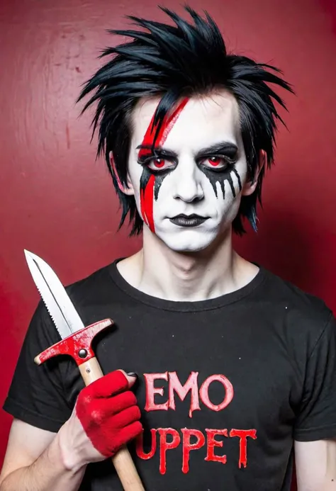 photo of (wood boy puppet), emo goth makeup, emo hairstyle, short sleeves,  with a handsaw in hand, black eye liner, black mascara, gothic clothes, (red paint lines on forearm)