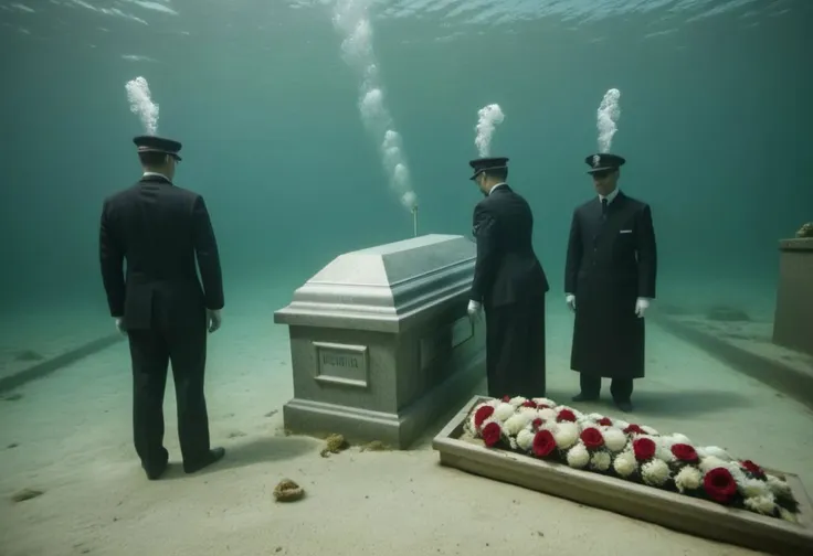 three men in black suits stand next to a casket with flowers