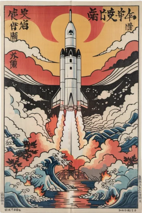 a picture of a poster with a rocket launching into the sky