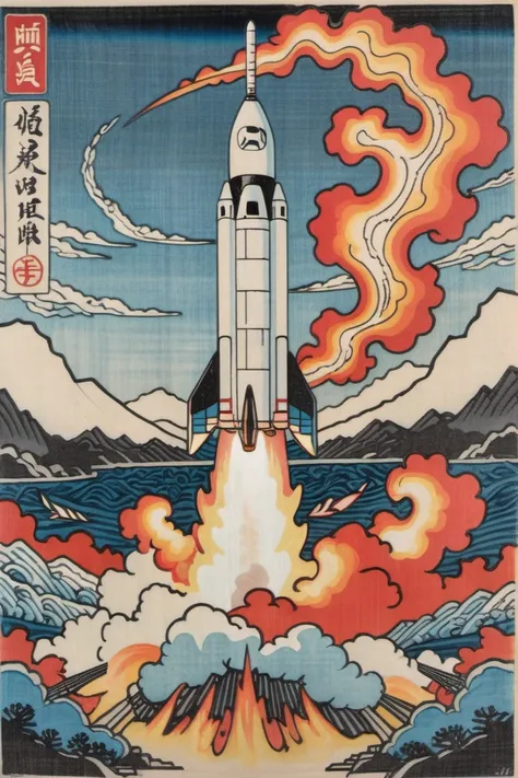 a painting of a rocket launching into the sky with clouds