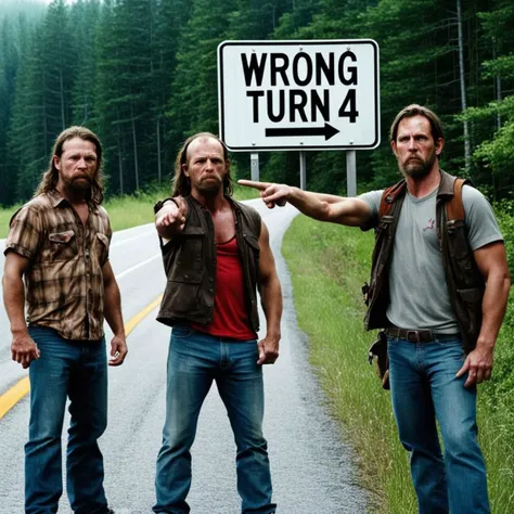 three men standing on the side of a road pointing at a wrong turn sign