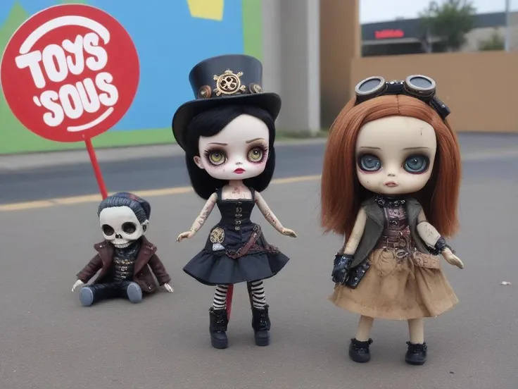 <lora:LowBrowXL:0.85>, creepy punk and steampunk 6lowbrow dolls, abandoned mall parking lot, lowbrow dolls on strewn pavement, in the style of lowbrow, HD-photo, realistic quality details,  text = "TOYS R US", closed sign in window