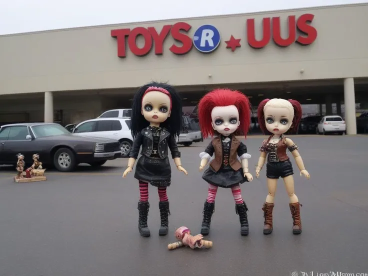 <lora:LowBrowXL:0.85>, creepy punk and steampunk 6lowbrow dolls, abandoned mall parking lot, lowbrow dolls on strewn pavement, in the style of lowbrow, HD-photo, realistic quality details,  text = "TOYS R US, closed"