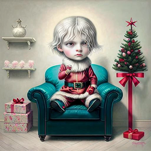 a painting of a little girl sitting in a chair with a christmas tree