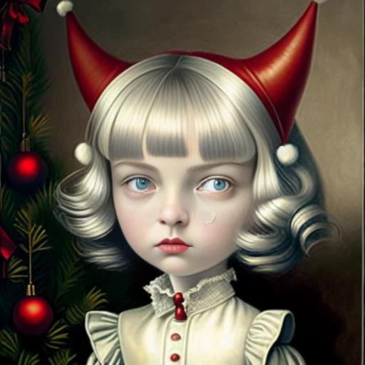 painting of a girl with a devilish hat and a christmas tree