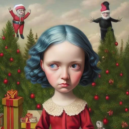 a painting of a girl with blue hair and a santa clause outfit