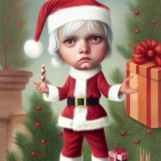 painting of a little boy dressed as santa claus holding a candy cane