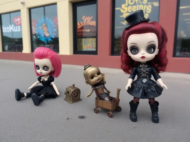 <lora:LowBrowXL:0.85>, <lora:Frac_XL:1> , creepy punk and steampunk 6lowbrow dolls, abandoned mall parking lot, lowbrow dolls on strewn pavement, in the style of lowbrow, HD-photo, realistic quality details,  text = "TOYS R US", closed sign in window  in t...