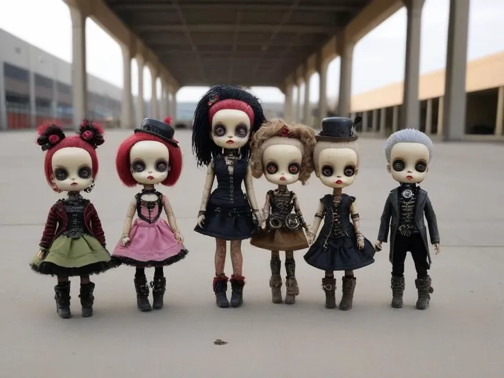 <lora:LowBrowXL:0.85>,  creepy punk style and steampunk style 6lowbrow dolls, abandoned mall parking lot,  lowbrow dolls on the dusty floor, unsettling stillness, in the style of lowbrow, HD-photo, realistic quality details,