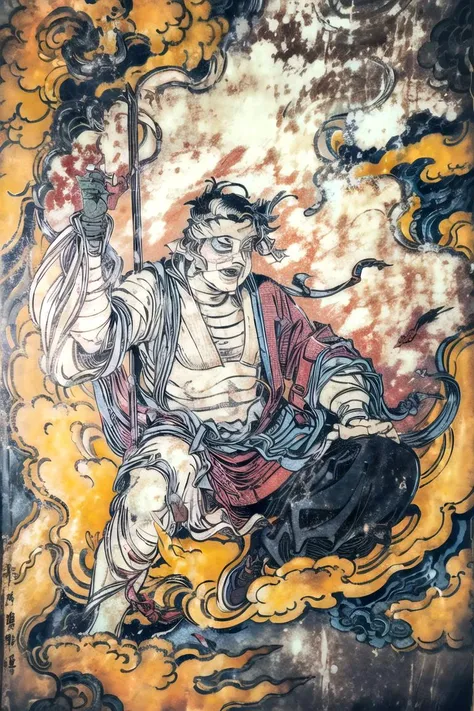 a painting of a man sitting on a cloud holding a stick