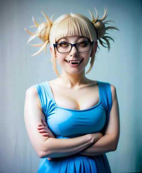 blond haired woman with glasses and a blue dress posing for a picture