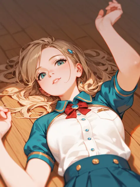 anime girl laying on the floor with her arms up