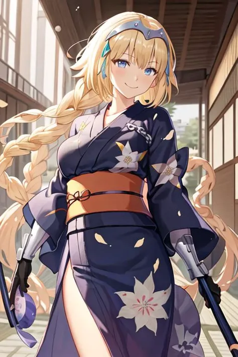 best quality, masterpiece, highres, solo, {yukata:1.40}, {kimono:1.20}, {jeanne_d_arc_fgo:1.15}, blonde_hair, long_hair, blue_eyes, breasts, very_long_hair, headpiece, smile, braid, gauntlets, single_braid, large_breasts, bangs, chain