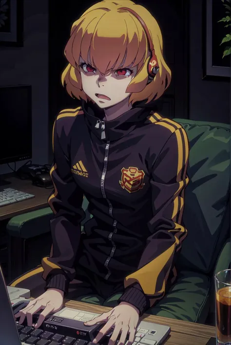 Anime, clementine, solo, red eyes, blond hair, tracksuit, angry expression, sitting on couch, playing videogames, gaming headphones, (masterpiece, official art), Best Shadows, Shallow Depth of Field, livingroom at night, computer, keyboard,<lora:clementine...