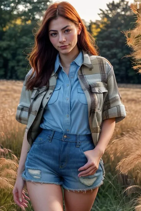 DEN_laci_witton,
(walking through a tallgrass meadow wearing (Jean shorts:1.3) and (plaid shirt:1.3), meadow, wild, overgrown, walking,:1.2),
bokeh, f1.4, 40mm, photorealistic, raw, 8k, textured skin, skin pores, intricate details  <lora:epi_noiseoffset2:1...