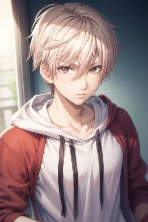 masterpiece, best quality, high quality, 1boy, solo, male focus, looking at viewer, upper body, <lora:chika_kudou:0.68>, chika_kudou, blonde hair, brown eyes, hair between eyes, , hoodie