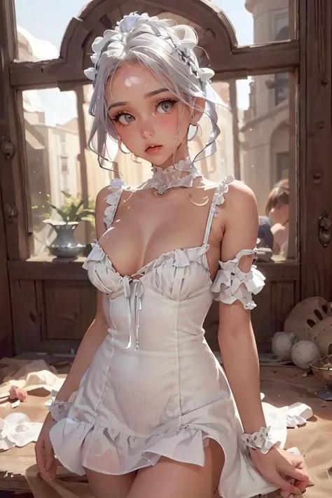 (masterpiece, best quality), 1girl,  Platinum Gray Twisted Crown with Crystal Headband, Size G breasts,  <lora:milkmaid_dress-v0.2:1> milkmaiddress