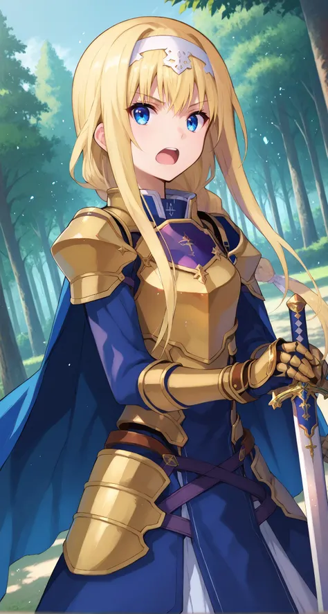 score_9,score_8_up,score_7_up,source_anime BREAK 1girl,alice zuberg,bangs,blue eyes,blonde hair,hair between eyes,very long hair,braid,hairband,white hairband,shouting,open mouth,dress,cape,armor,blue dress,shoulder armor,gauntlets,pauldrons,breastplate,ar...