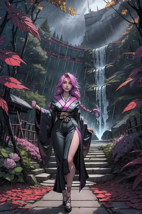 (masterpiece, best_quality, ultra-detailed, immaculate:1.3), epic, illustration, ,sci-fi spy lord , lace , tobi pants,, kimono, leg tattoos, tattoos,vivid gray hair with pink highlights, Mullets, (african, dark skin:0.6), full body, war fan, rainy night, i...