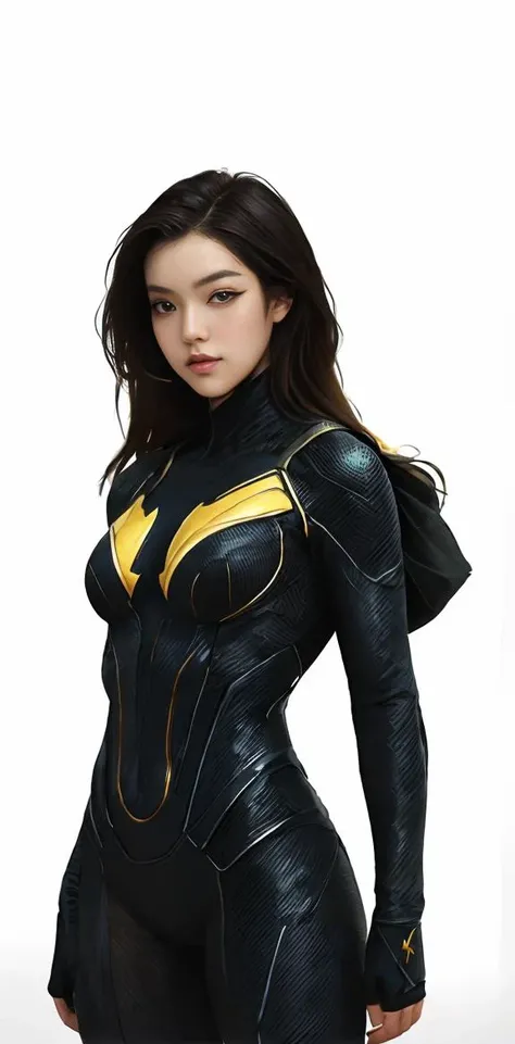 superhero suit,  realistic, <lora:Superhero_suit-000007:0.7> a woman in a yellow and black suit, standing in front of a white background , Artgerm, stanley artgerm lau, concept art, fantastic realism