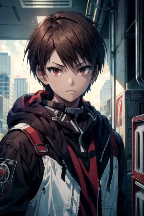 masterpiece, best quality, photorealistic, 1boy, solo, male focus, looking at viewer, upper body, , anime coloring, , <lora:anya_kudou:0.68>, anya_kudou, brown hair, red eyes, patriotic costume, cyberpunk,