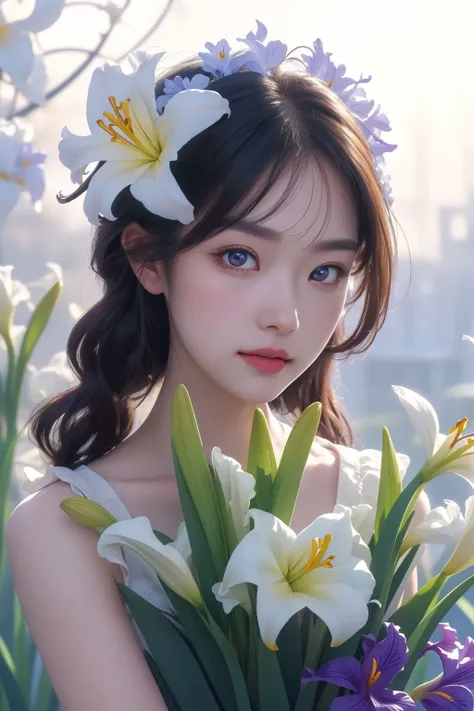 a woman with a flower in her hair holding a bouquet of flowers