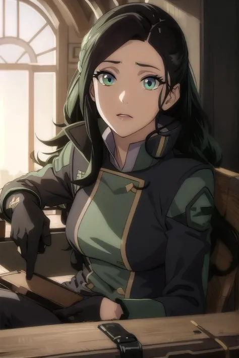 korraasami, <lora:avatar asami-lora-nochekaiser:1>, 
asami, long hair, (green eyes:1.5), (black hair:1.5),
BREAK gloves, long sleeves, jacket, pants, uniform, military, military uniform, makeup, lipstick,
BREAK outdoors,
BREAK looking at viewer,
BREAK <lyc...