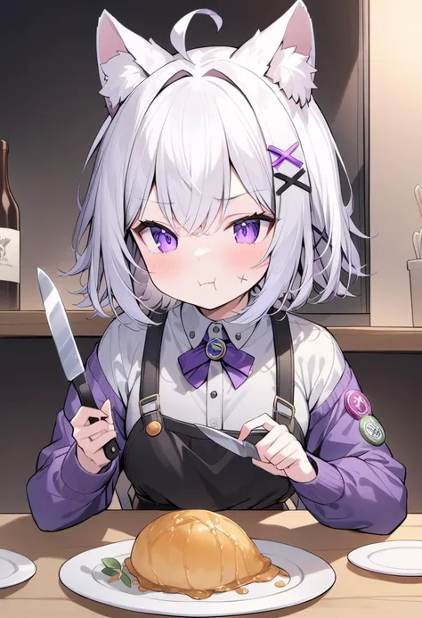 rating: general,  <lora:Filian_SDXL:1>, 1girl, animal ears, purple eyes, knife, fork, ahoge, hair ornament, food, solo, holding, short hair, virtual youtuber, eating, plate, white hair, x hair ornament, long sleeves, :t, holding knife, animal ear fluff, ba...