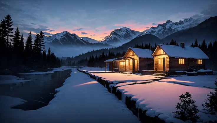 snowy cabin in the mountains at night with a river running through it