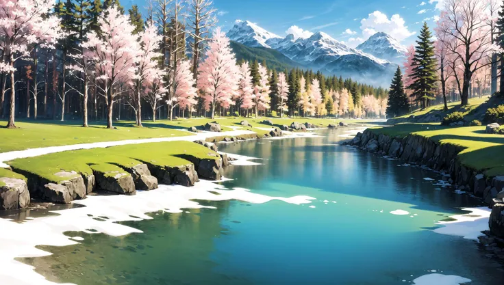 ((masterpiece:1.4,best quality)), cloud, outdoors, 
(mountains), spring glade, scenery, sky, winter, village, tree, river,
 high detail, abundant, 8k, high detail, wallpaper,