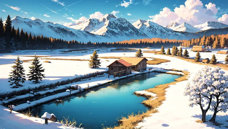 ((masterpiece:1.4,best quality)), cloud, outdoors, 
(mountains), spring glade, scenery, sky, winter, village, tree, pond, fishing hut
 high detail, abundant, 8k, high detail, wallpaper,