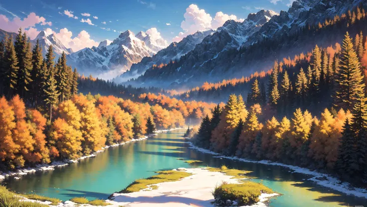 painting of a river in a mountain valley with a mountain range in the background