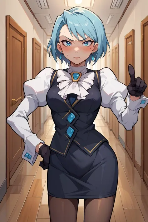 score_9, score_8_up, source_anime, 1girl, solo BREAK  <lora:aa_franziska_ponyXL-05:1> aafranziska, ascot, puffy sleeves, black vest, pencil skirt, pantyhose, black gloves, jewelry, earrings, hand on hip, pointing at viewer, hallway, blush, flustered