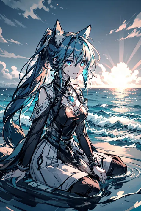 (high quality, best quality, 4k, 2k, (intricate:1.1), (high detail:1.3)), ((outdoors, ocean)), (official wallpaper, volumetric lighting, dynamic lighting),
1girl, solo, (fox girl, fox ears, fox tail), ((blue hair)), long hair, ponytail, (glowing blue eyes)...