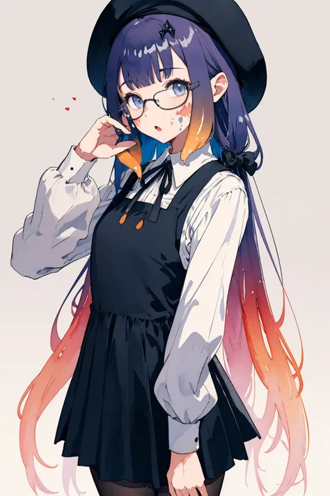 <lora:ina:0.8> inapainter, pinafore dress, beret, pantyhose, glasses, colorful, watercolor on face, dirty face, looking at viewer, :o, gradient background, watercolor brush stroke background, masterpiece, best quality, highres, <lora:GoodHands-vanilla:1> n...