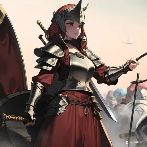 masterpiece, Fuya <lora:Fuya-18:1>, 1girl, armored dress, (red hair), choker, vambraces, shield, winged helmet, sword, viking, viking ship, freckles,