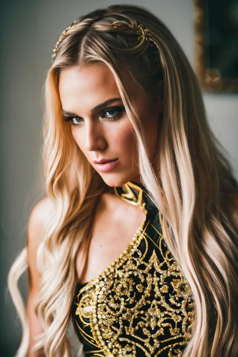 a woman with long blonde hair wearing a gold dress